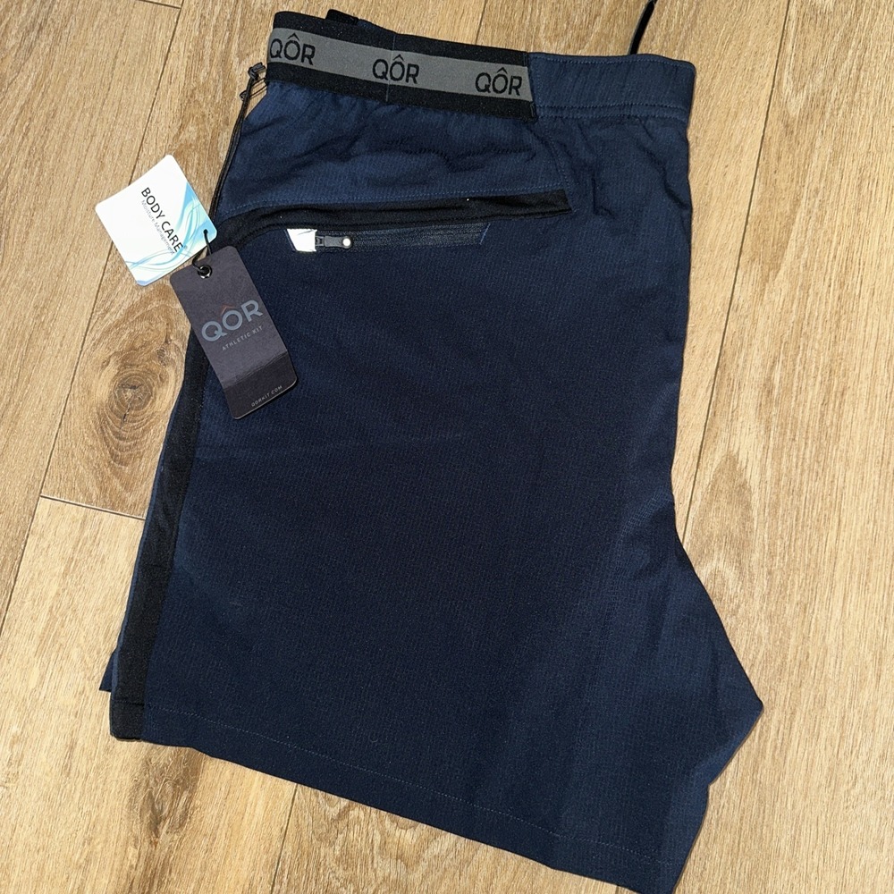 QOR Men's Athletic Fit Lined Shorts Navy Blue Zip Pockets Lightweight Fitness XL